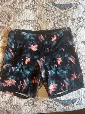 Tuff Athletics Black Bike Shorts with Teal & Coral Brushstroke Print